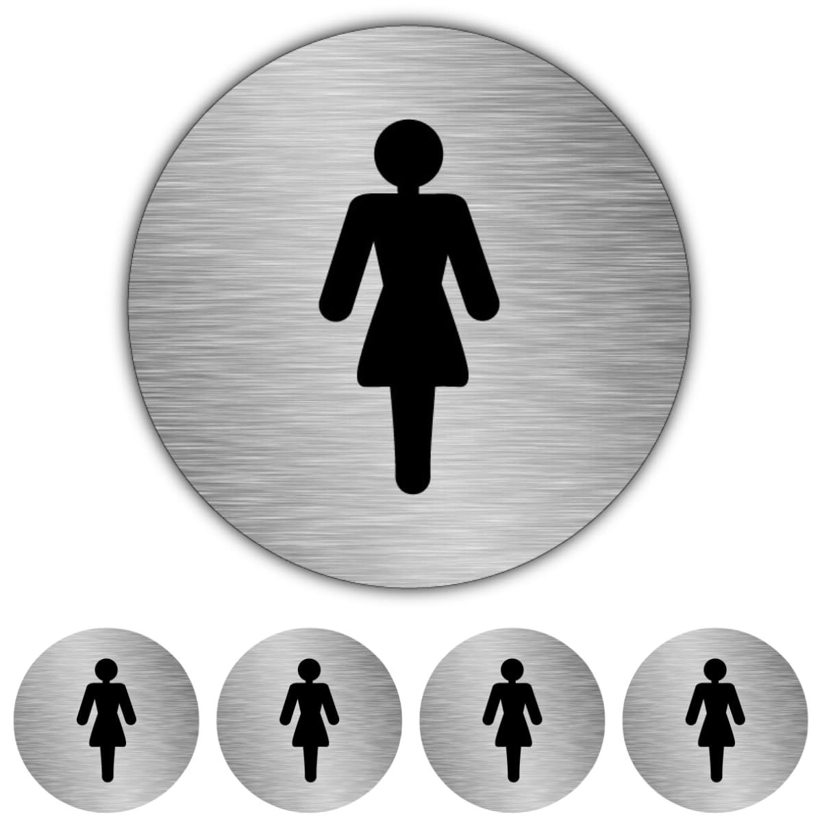V Safety Ladies Toilet Sign with Self Adhesive Backing – 75mm Round Aluminium Women’s WC Door Sign Made in UK – Brushed Silver 0.5mm Metal – Single Sign or Packs of 5, 10, 20 (10)
