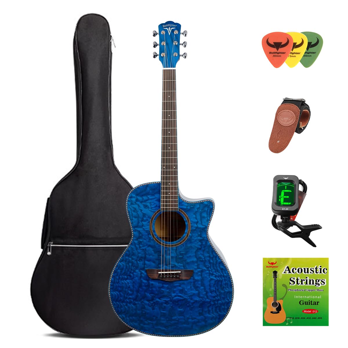 Bullfighter Kit de guitare acoustique pour débutant de 104 cm pour enfants et adultes, instrument de musique à 6 cordes, kit de guitare acoustique avec sac de transport, sangle, accordeur, corde,