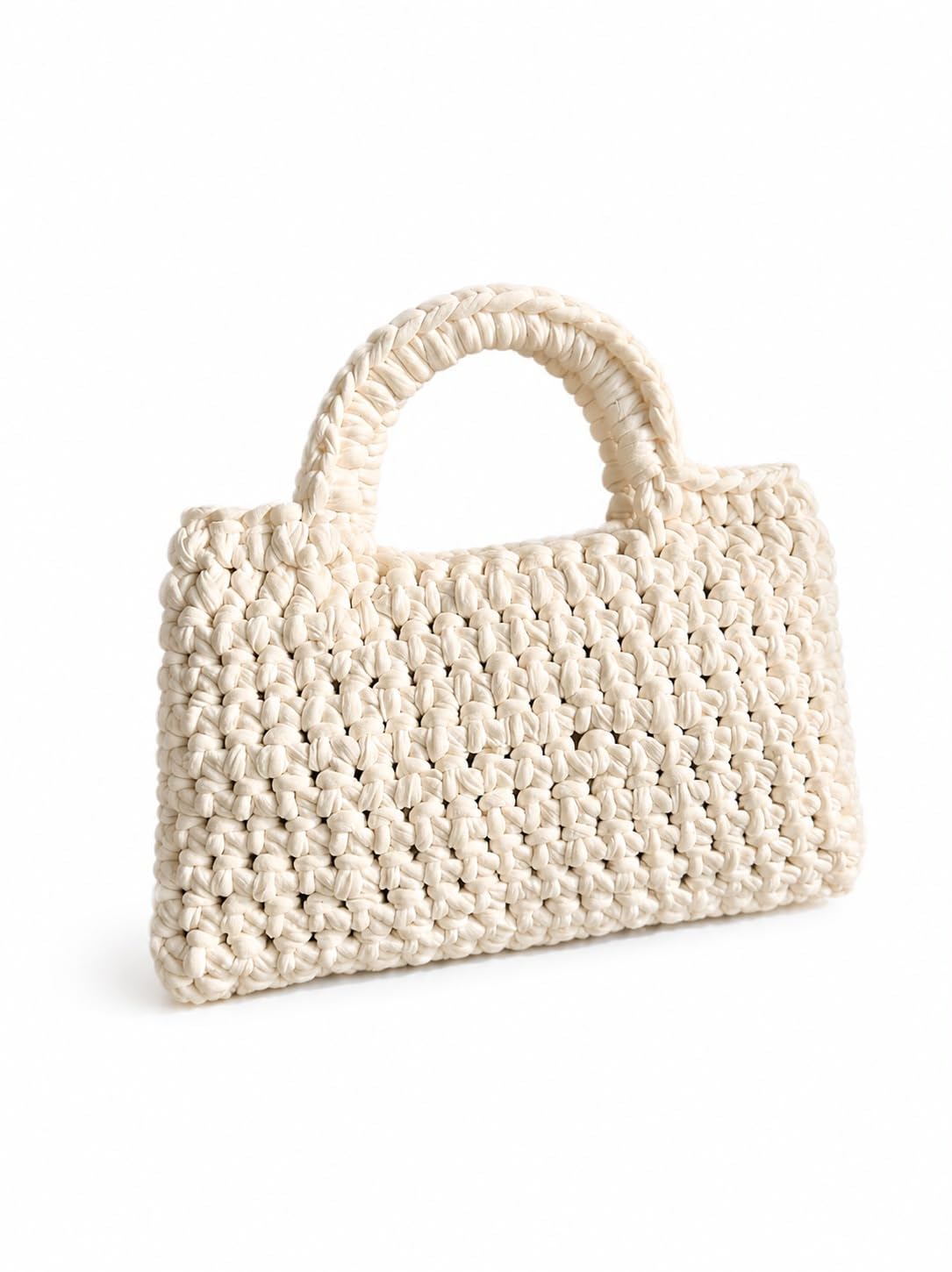 Handcrafted Crochet Tote Handbag, 8.5x5 Inch, Off-White Cotton-image-29