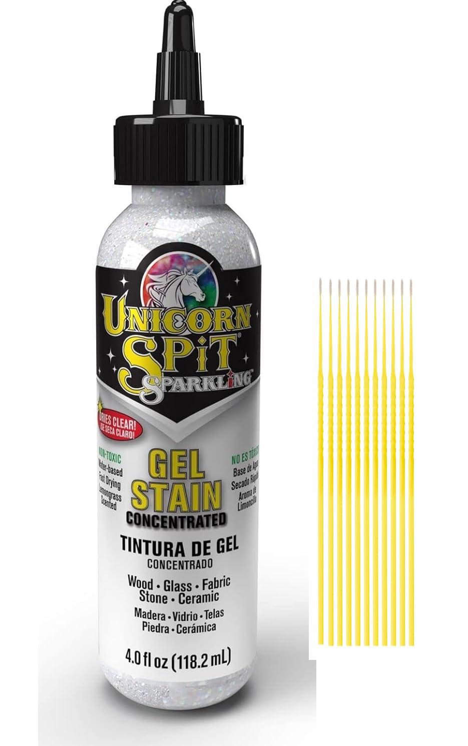 Unicorn SPiT Gel Stain and Glaze, Sparkling Iced Egret, 4 oz - Water-Based and Non-Toxic - Wood, Glass, Fabric, Stone, and Ceramic - with Trebbies Detail Sticks