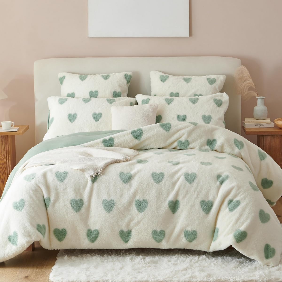 Sacebeleu Winter Bettwäsche 155x220 Plüsch Langhaar Flauschig Flanell Biber Bettbezug Grün Weiß Herzen Winterbettwäsche Warme Bettbezug und 1 Kissenbezug 80x80cm mit Reißverschluss