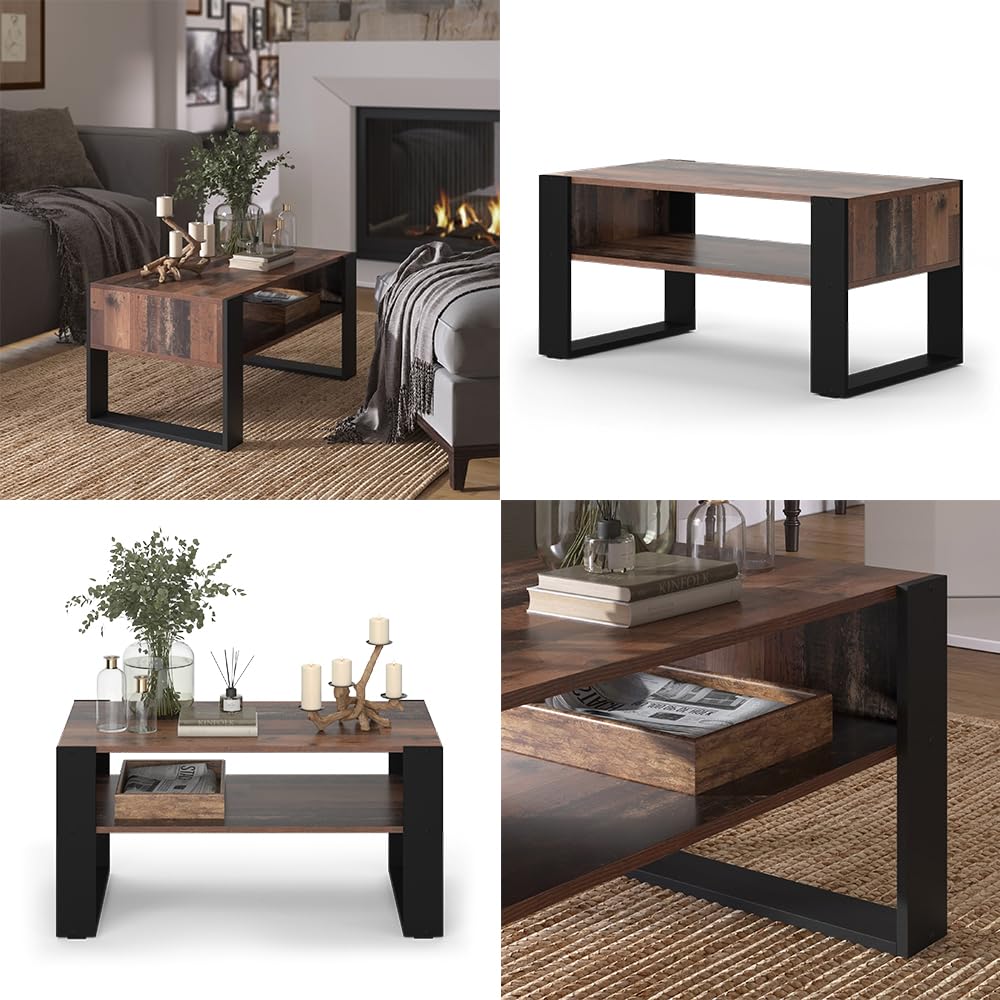 Vicco Mesa de Centro Olli, Madera Antigua, 92 x 52.4 cm | con estante, para guardar revistas y controles remotos