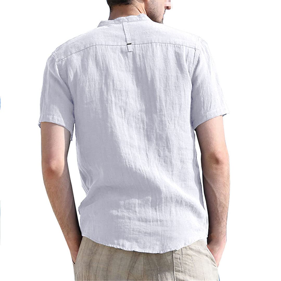 Maglietta da uomo in cotone e lino camicia casual Henley a maniche corte, Come mostrato, S