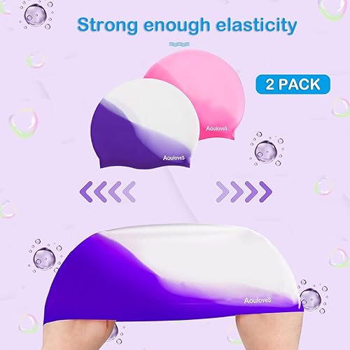 Miniatura 6 de Paquete de 2 gorros de natación para niños y niñas, unisex, de silicona, para niños de 4 a 12 años, ajuste cómodo para cabello largo y cabello corto