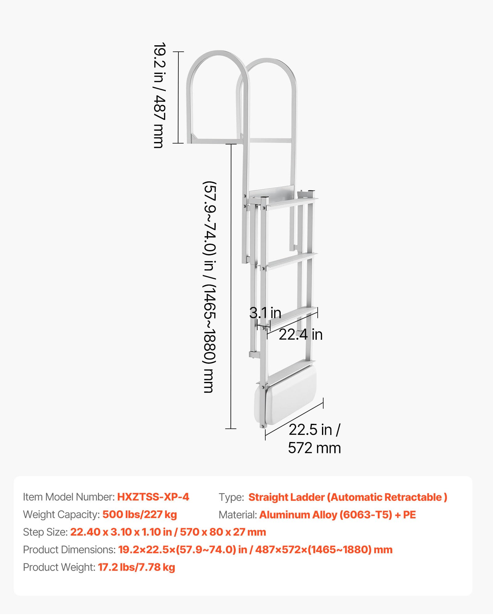 VEVOR Escalera de Muelle Capacidad de 227 kg con 4 Peldaños Antideslizantes, Pasamanos, Escalera Retráctil de Aluminio con Elevación Automática para Pontón Lago Barco Piscina Plataforma de Natación