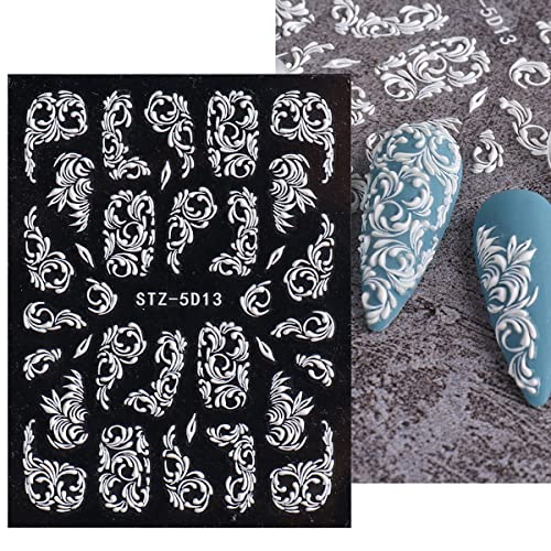 URGINO 5D Nail Art Stickers Lace Flower Decals, White Stereoscopic Embossed Rose Sliders, Wedding Design, Engraved Decal, Manicure Decor, Self-Adhesive DIY Sticker Decor 3 Sheet, 1.0 Count
