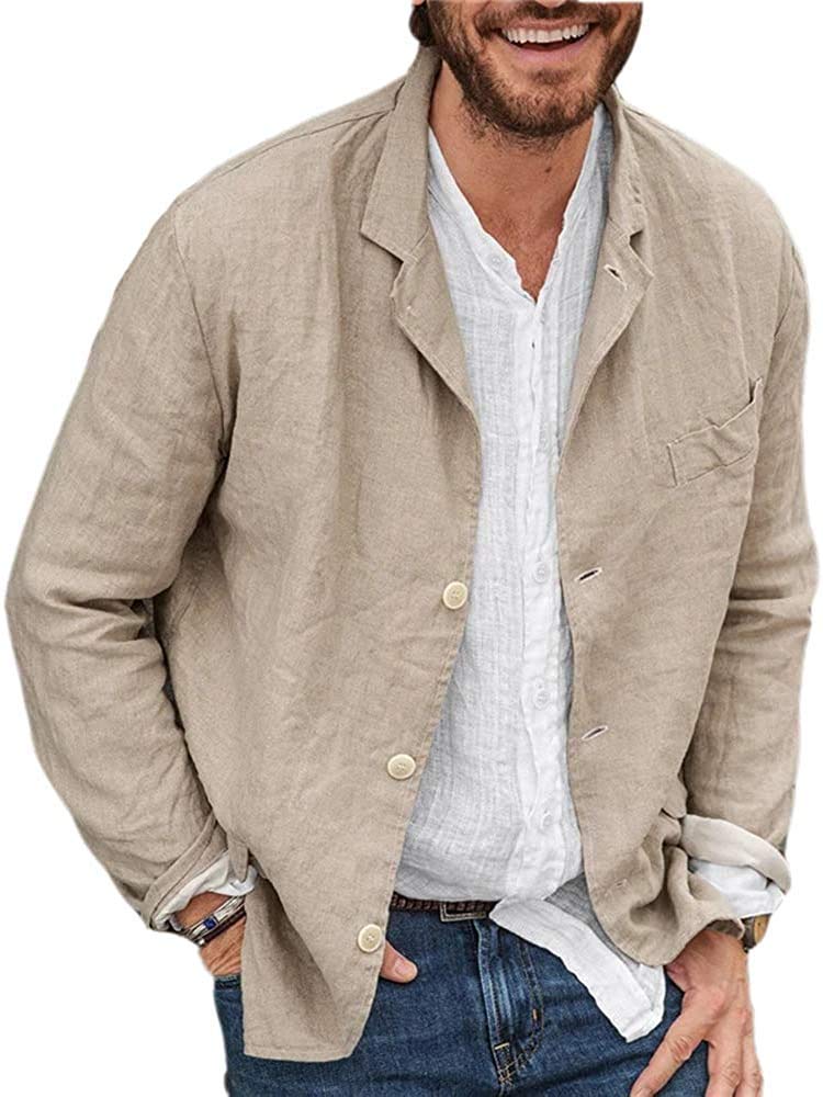 Chaqueta casual de algodón y lino para hombre, con tres botones, color liso, holgada