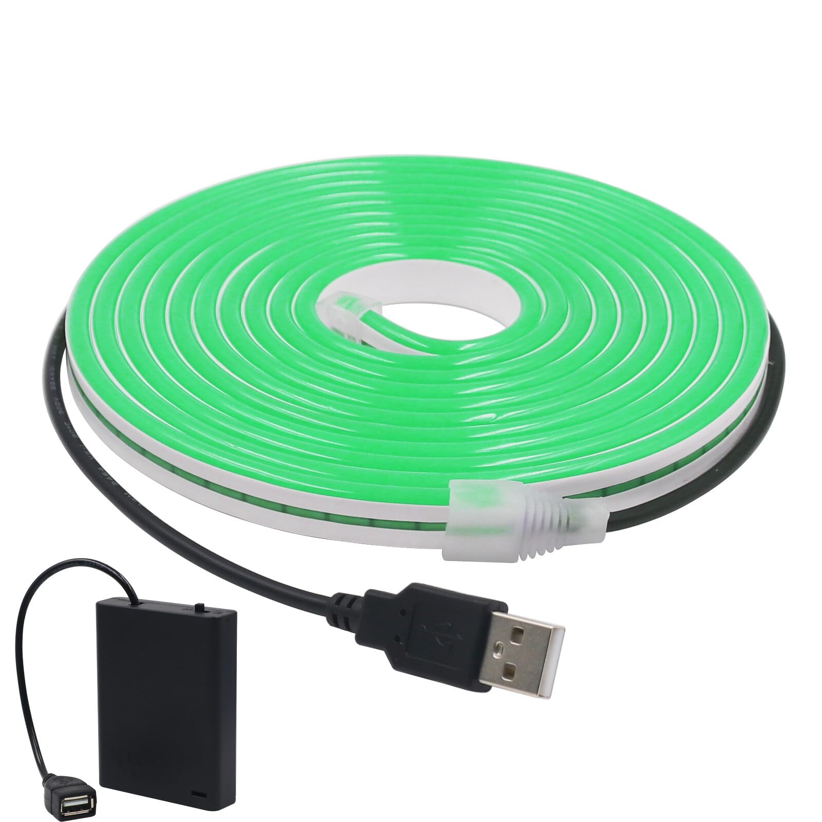 KAFULA 5V USB LED neon Strip with USB 4AA Battery Box [2M, Green], IP65 Waterproof and Flexible, 120 LEDs/m SMD2835 Silicone LED Strip CRI85+, Home Lighting Decoration [Battery not Included]