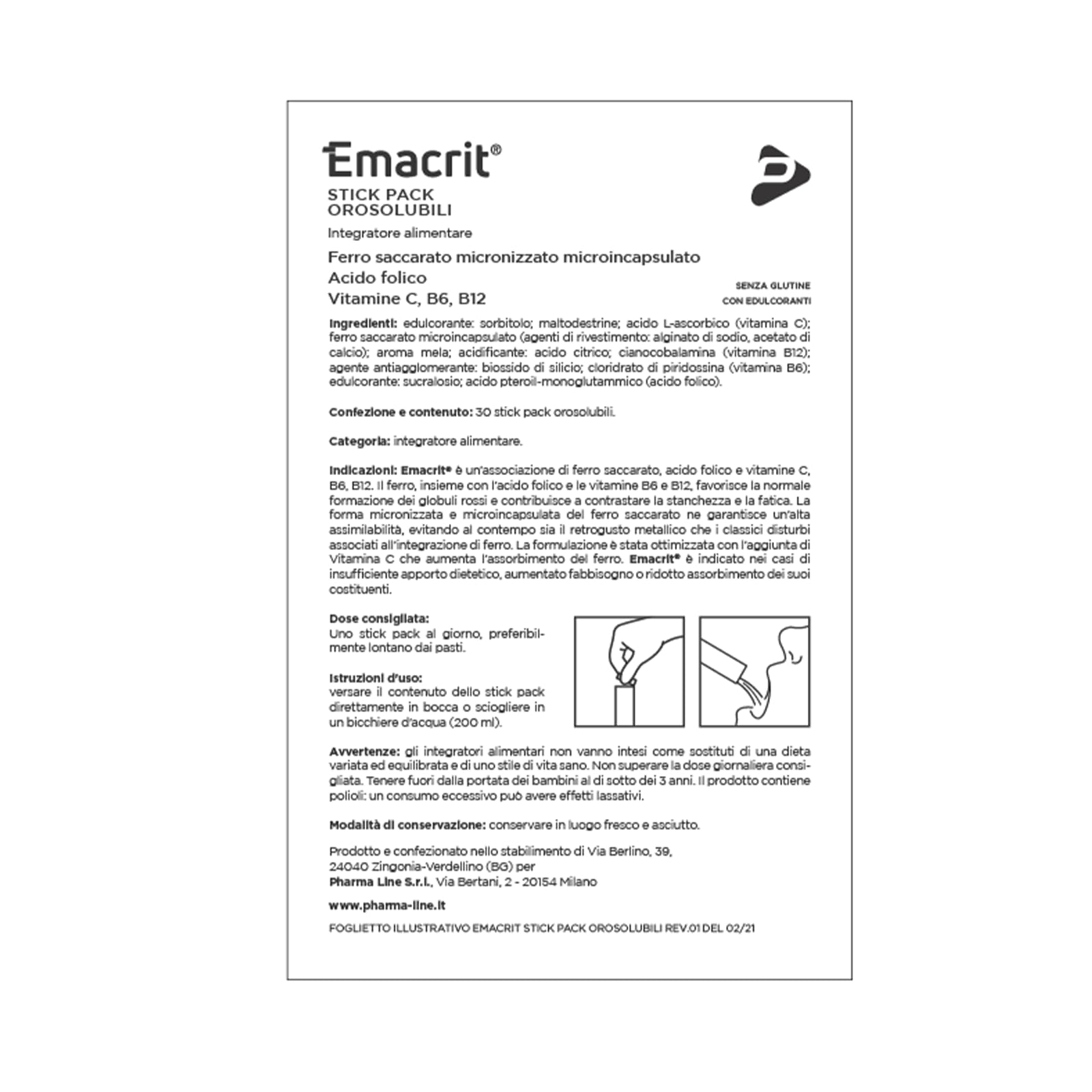 Pharma Line EMACRIT Stick – Integratore Alimentare di Ferro con Acido Folico, Vitamine C, B6 e B12 ad Alta Assimilabilità, 30 Stick Pack Orosolubili