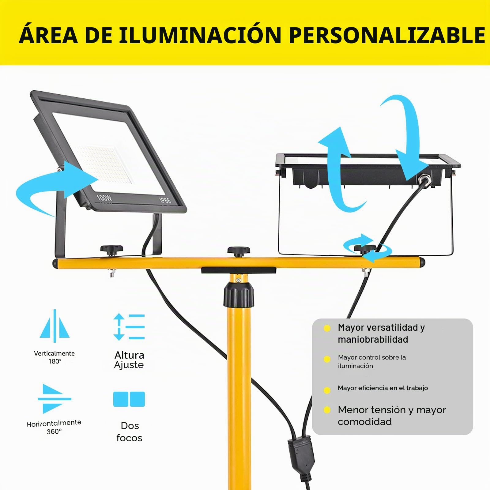 Foco de Trabajo LED 200W con Trípode Telescópico, 20000LM 6500K Foco de Trabajo LED con Enchufe Cable de 3m, Rotación de 360°, IP66 Impermeable Luz de Trabajo para Taller, Obras, Garaje