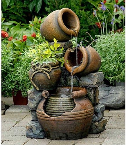 Pemberly Row Multi Pots Outdoor Water Fountain with Flower Pot