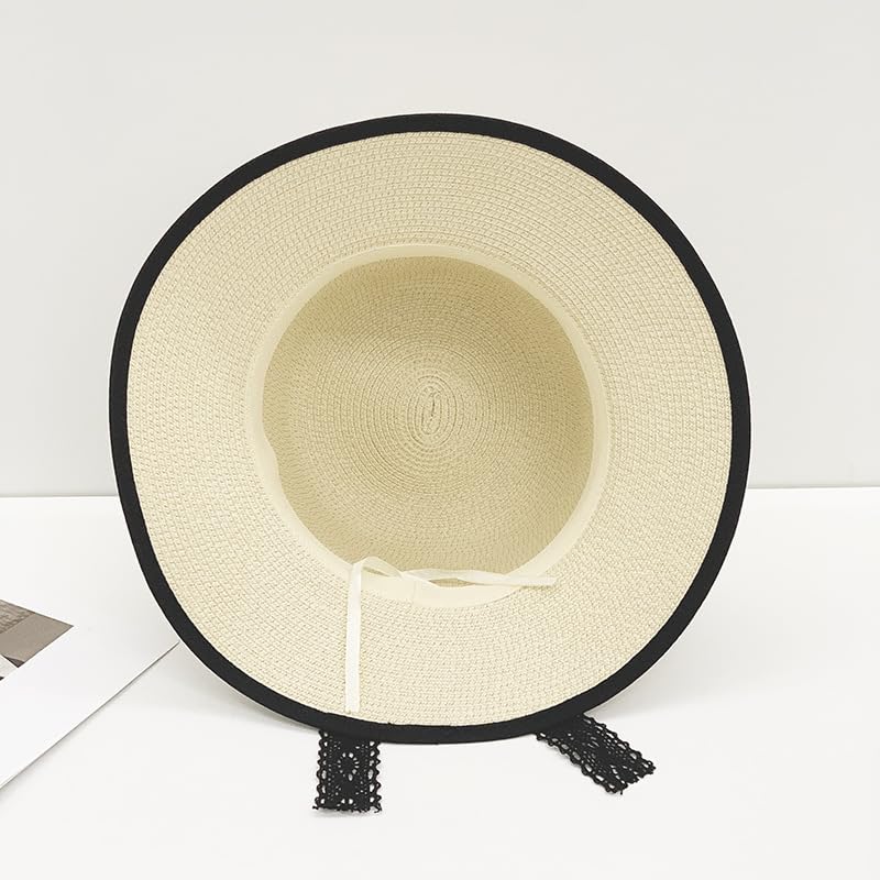 Sombrero de Paja de Verano para Mujer,de ala Ancha,Ligero,con Lazo de Encaje de Perlas,Plegable,Transpirable,para Playa,para Actividades Al Aire Libre