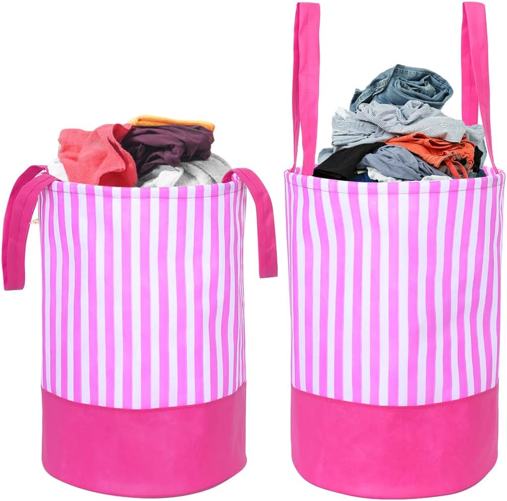 45L Non Woven Stripe Printed Round Foldable Large Laundry Bag/Basket With Handles, Freestanding Clothes Storage Organizer for Bedroom, Bathroom, Dorm (36x36x45cm, Pink, Set of 2)