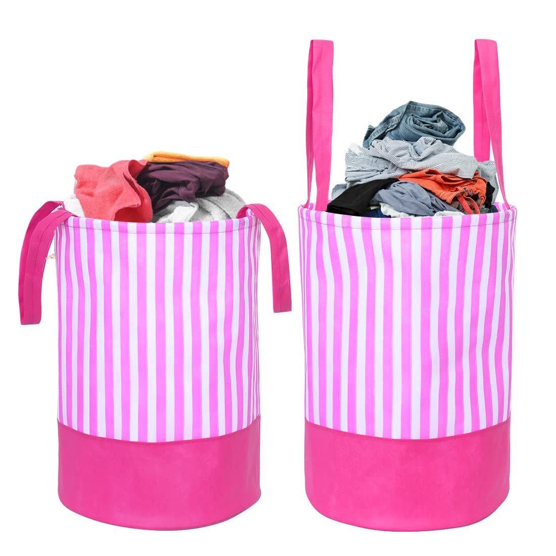PrettyKrafts 45L Non Woven Stripe Printed Round Foldable Large Laundry Bag/Basket With Handles, Freestanding Clothes Storage Organizer for Bedroom, Bathroom, Dorm (36x36x45cm, Pink, Set of 2)