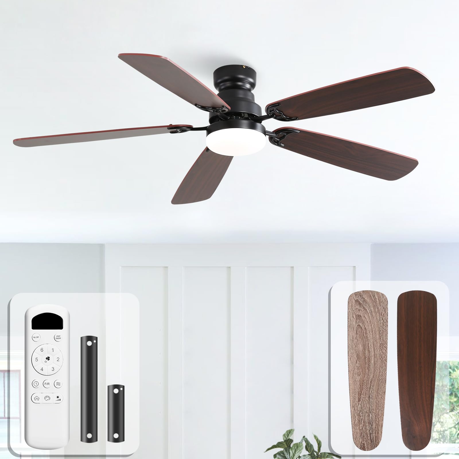 Sofucor Deckenventilator mit Beleuchtung und Fernbedienung, DC, 132 cm, 5 Flügeln, Timer, 3 Farbtemperatur, 6 Geschwindigkeiten, Sommer Winterbetrieb