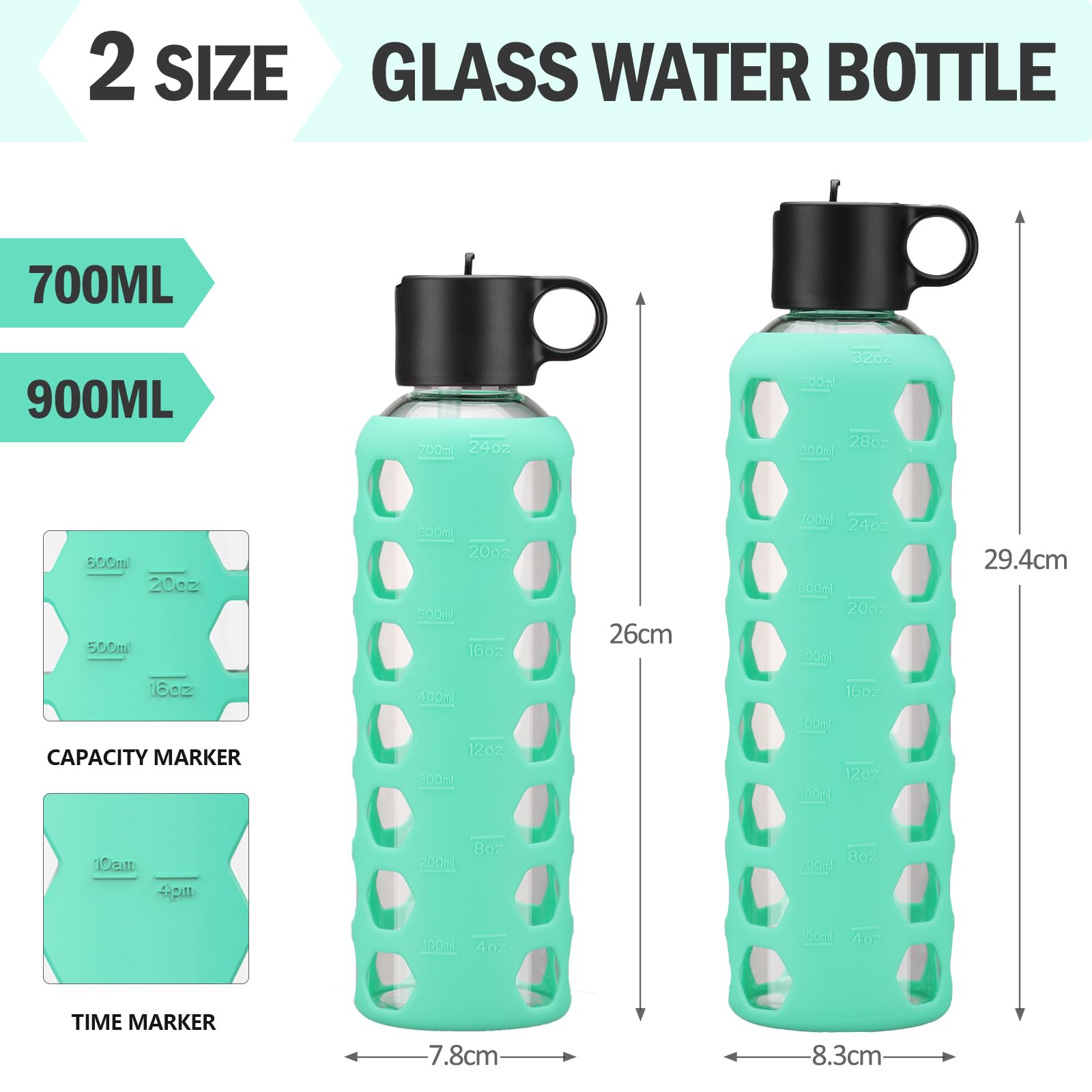 BLUEGO Borracce in vetro, 700ml Bicchiere in vetro, Bottiglie per bere con 2 coperchi, Bottiglia per l'acqua sportiva con custodia in silicone, A prova di perdite, Verde