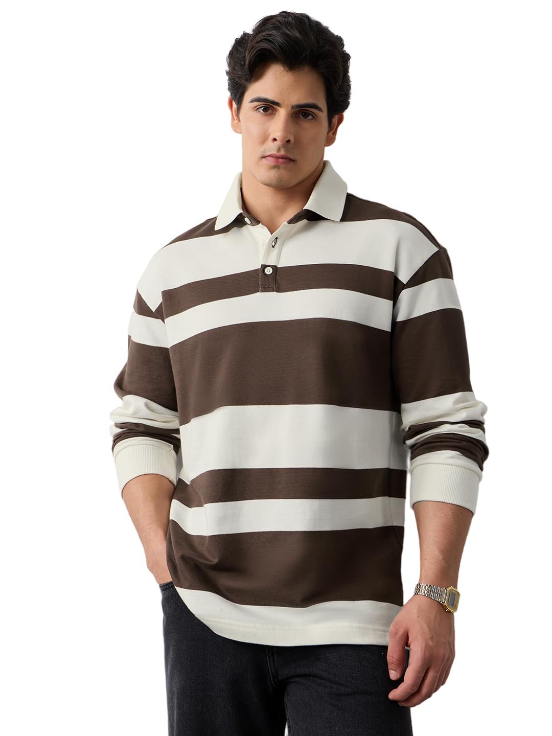 the souled store Rugby Polo: Mocha Men and Boys Long Sleeve Polo Neck Brown Striped Cotton Oversized Breathable Lightweight Drop Shoulder Rugby Polos-picture-12