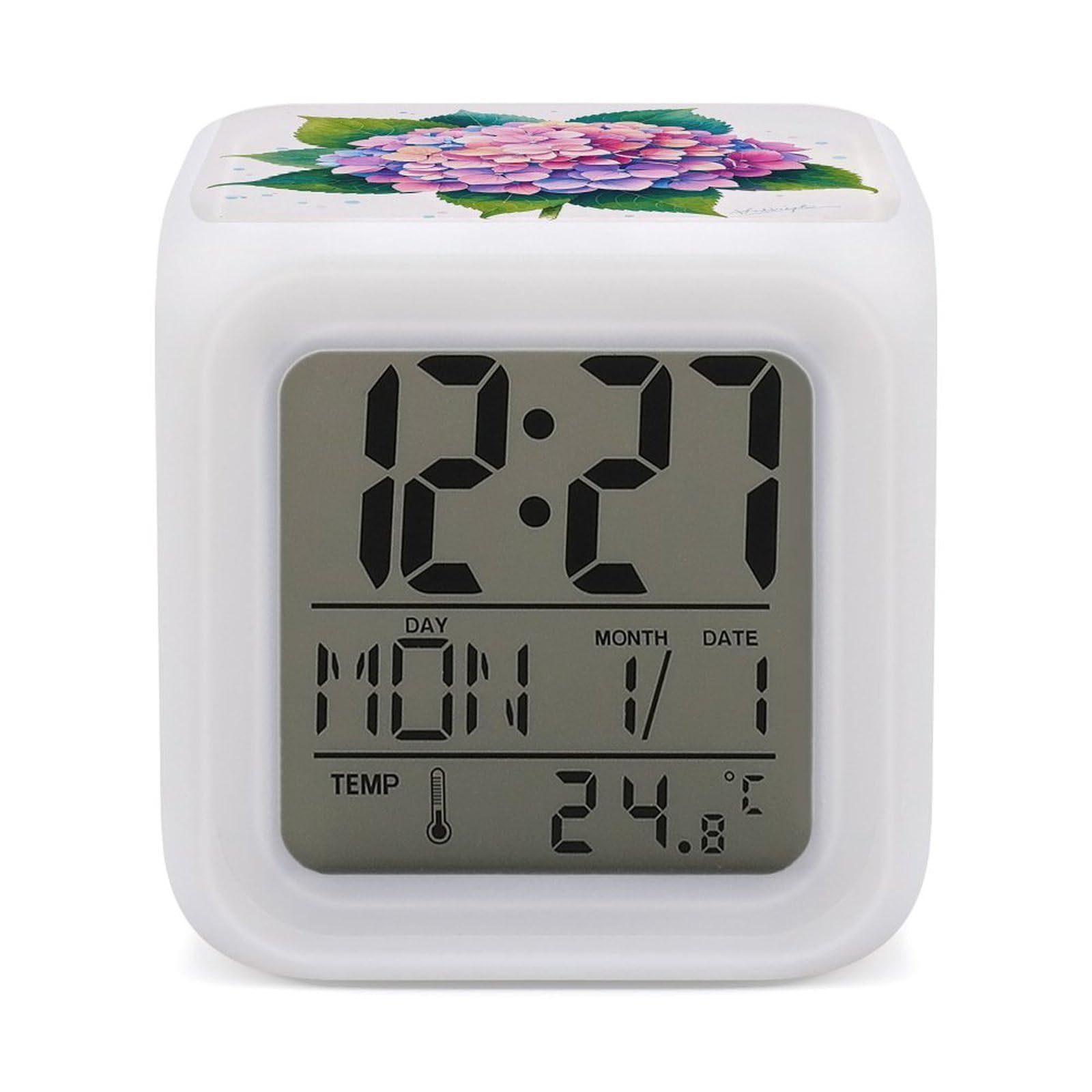 DWVTSLH Watercolor Hydrangea Alarm Clock with 7 Color Changing Night Light, Wake Up Digital Clock for Bedroom, Bedside Cube Clock with Date, Temperature, Battery Operated Desk Clock Gift