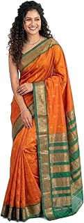 Shri Hari Sarees Women's Gadwal Silk Cotton Handloom Saree - Mustard Orange &amp; Dark Green Woven Design Ethnic Wear with Blo...