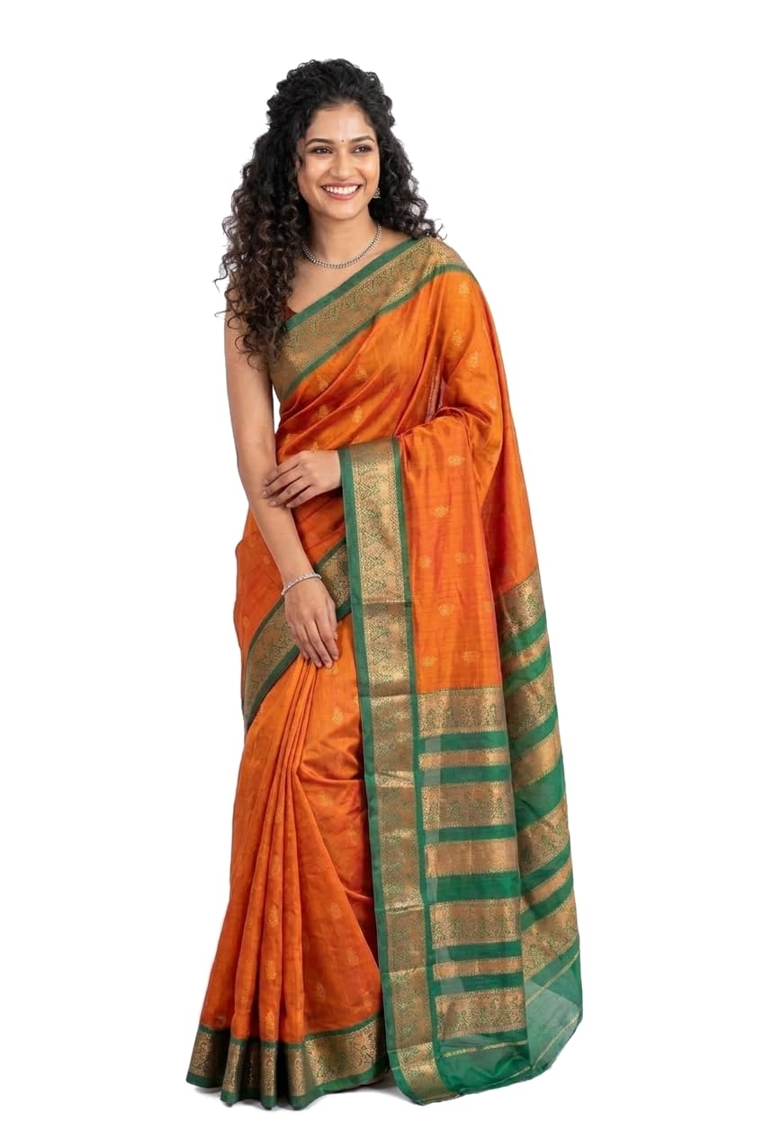 Shri Hari Sarees Women's Gadwal Silk Cotton Handloom Saree - Mustard Orange & Dark Green Woven Design Ethnic Wear with Blo... - Review, Price and Buying Guide