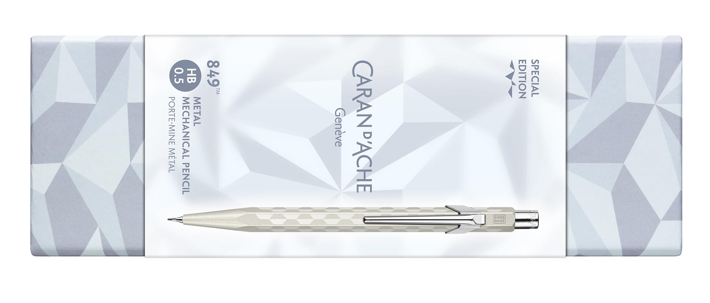 Caran d’Ache Minenhalter 849™ Alpine Frost Weiß – Sechskant-Aluminium, HB-Graphitmine 0,5 mm, Radiergummi & Minenreservoir, Premium-Geschenkbox, Swiss Made