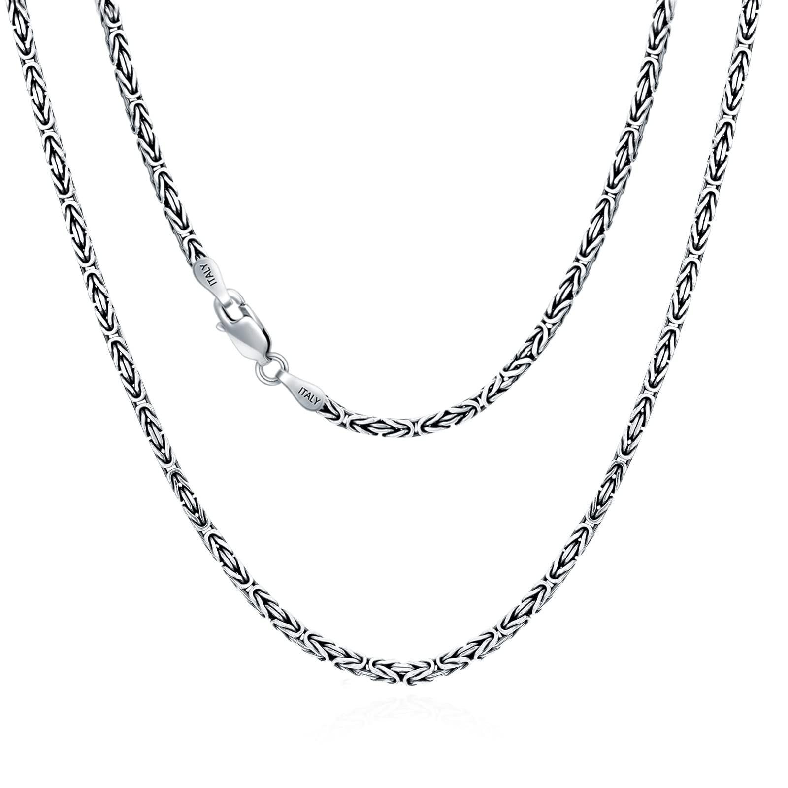BHUBREA 925 Sterling Silver 2.5mm Solid Byzantine Chain Link Necklace for Men Women Oxidized Square Silver Chain Jewelry Gift, 16-36 Inch