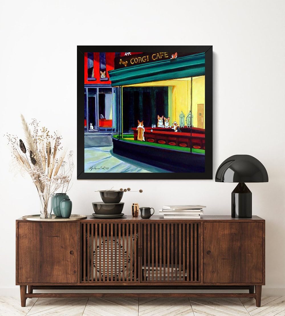 GADGETS WRAP Printed Photo Frame Matte Painting for Home Office Studio Living Room Decoration (17x17inch Black Framed) - Corgi Cafe After Hopper