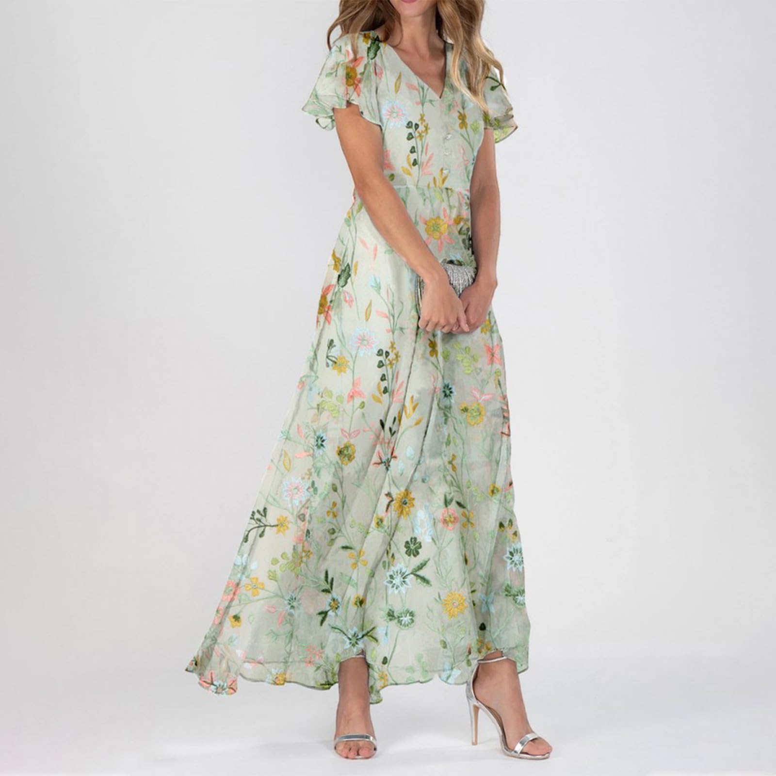 Vestito Bianco Donna, Vestito Estivo Donna Lungo, Abito Lungo da Donne Casual con Stampa Floreale Scollo A V Maniche Corte Linea Ad A Fluida Elegante Prendisole Leggero Abito