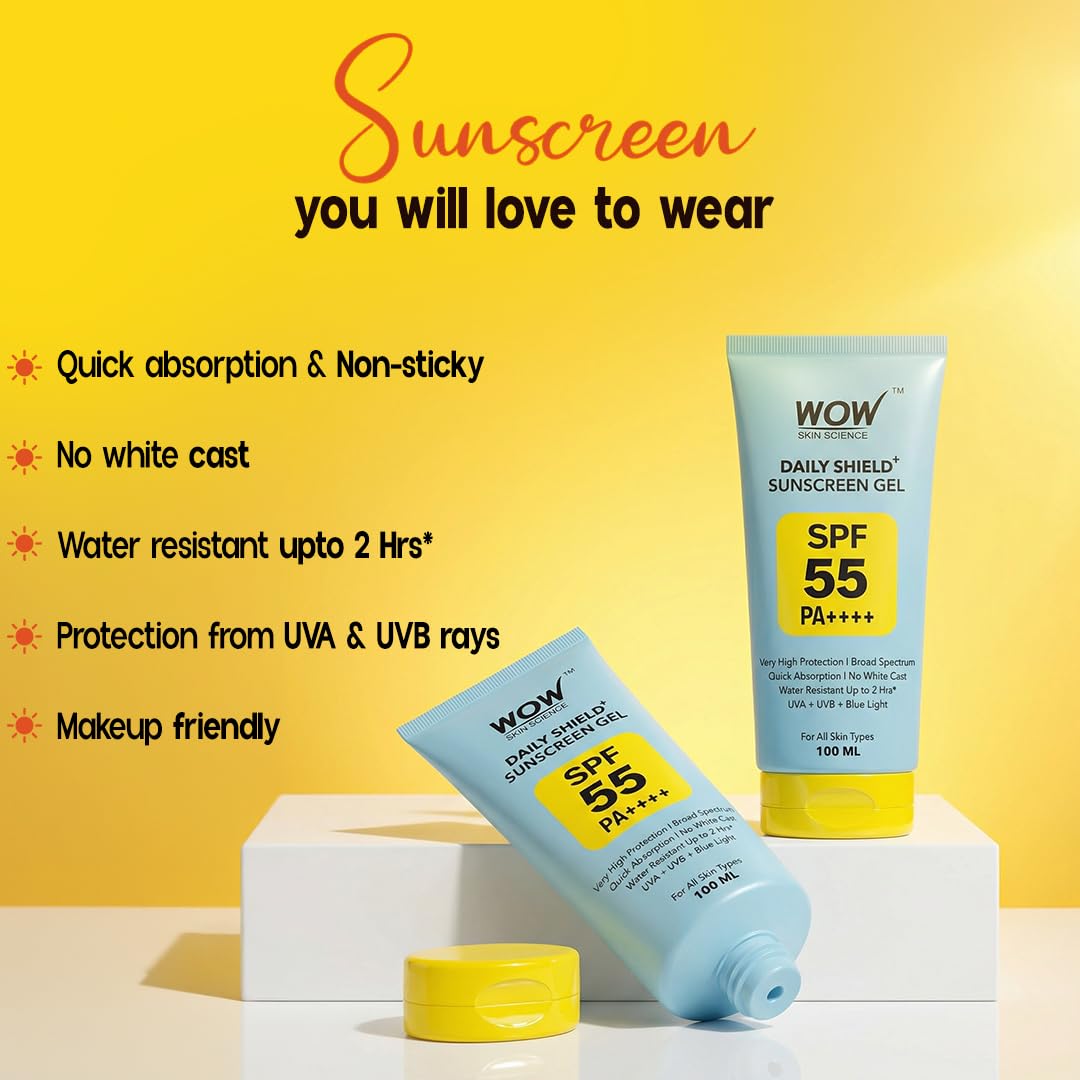 WOW Skin Science Daily Shield+ Sunscreen Gel SPF 55 PA++++ | Broad Spectrum UVA UVB & Blue Light Protection | Lightweight Gel, No White Cast | Water Resistant up to 2 Hrs | For All Skin Types | 100 ml 4
