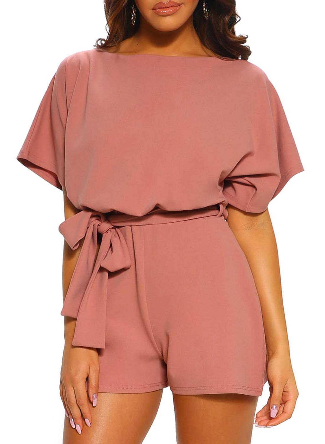 Womens Casual Short Sleeve Belted Jumpsuit Short Pants Back Keyhole Overall Romper Playsuit