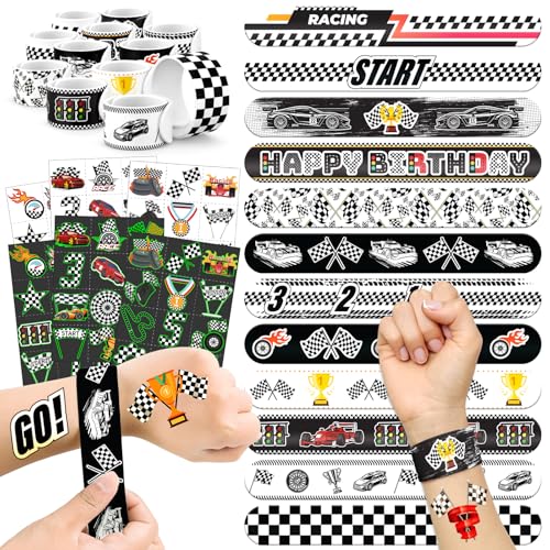 96 PCS Checkered Flags Party Favors Set – 72 Pre-Cut Temporary Tattoos & 24 Slap Bracelets for Kids, Perfect for Racing Birthday Parties, Car-Themed Celebrations & Classroom Rewards