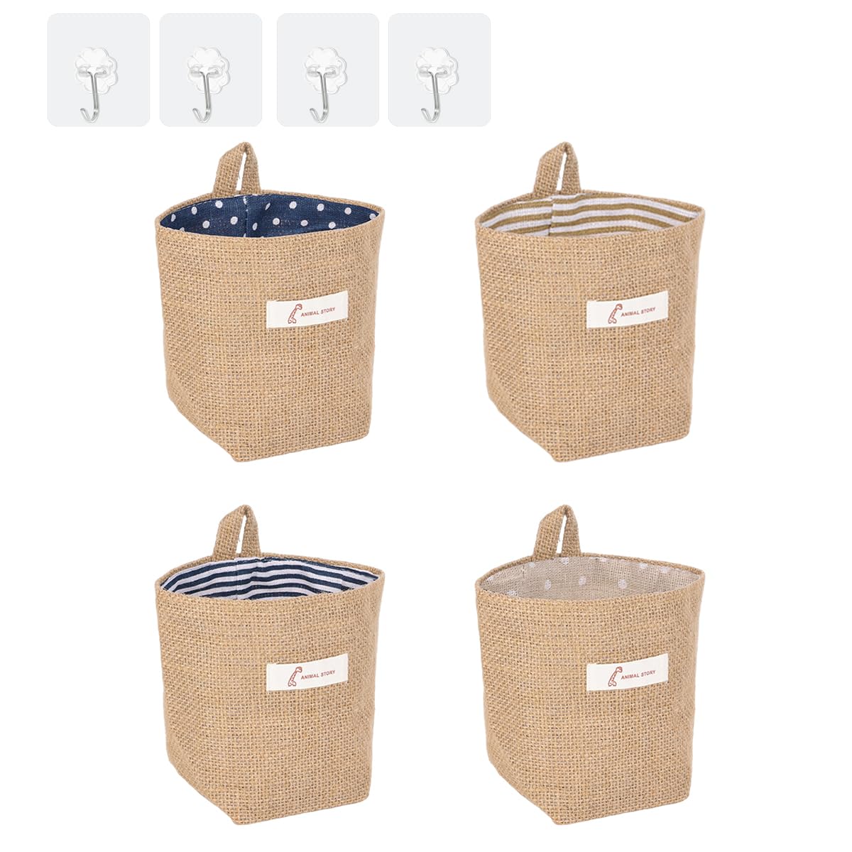 Yecuelo 4Pcs Cotton and Linen Hanging Storage Basket | Foldable Linen Wall Storage Box Hanging Storage Bag | Small Hanging Basket for Toys Makeup Small Affairs Keys Paper TV Remote Glasses(Oval)