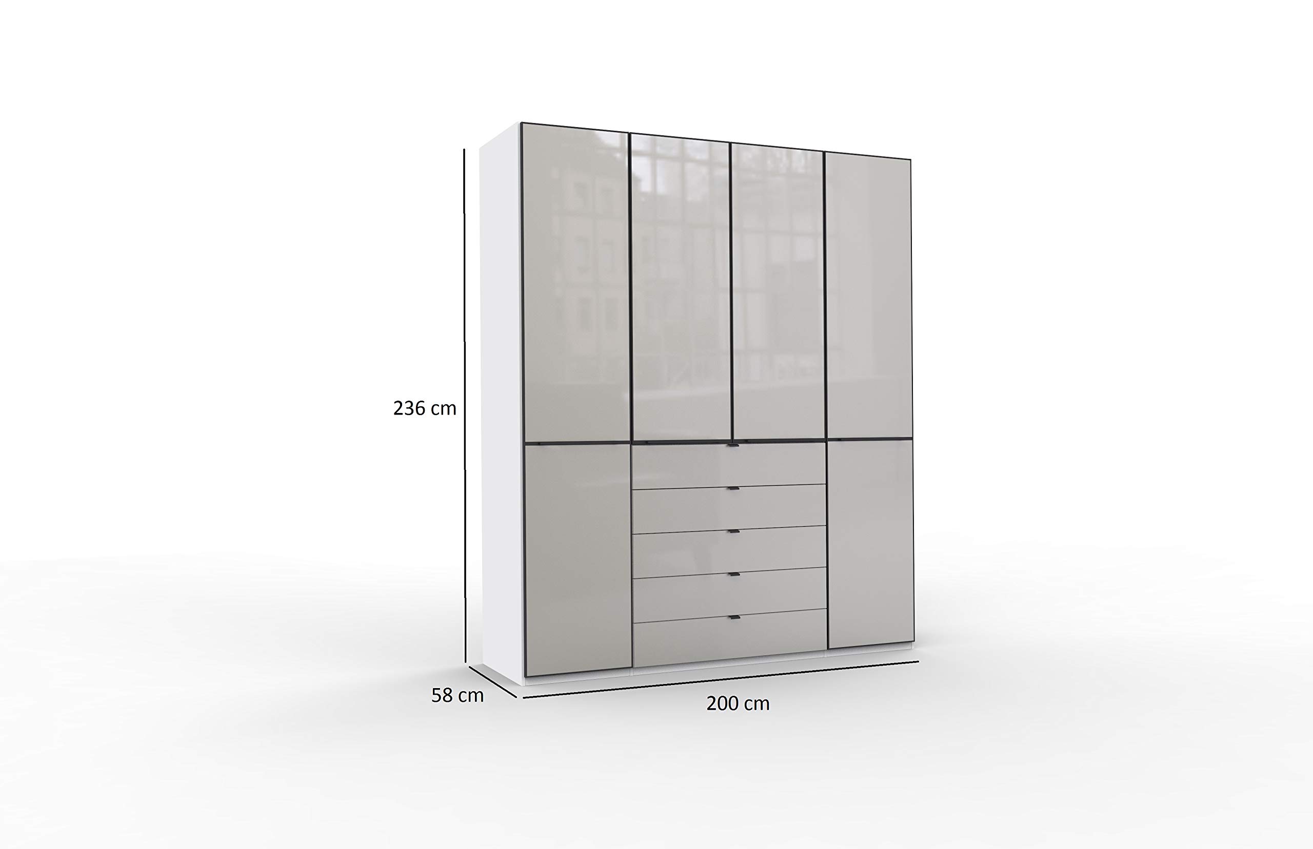 WIEMANN Montreal Kleiderschrank, Schlafzimmerschrank, Drehtürenschrank, mit Schubladen, Breite 200 cm, 4 türig, weiß, Glas Kieselgrau, Griffe schwarz, B/H/T 200x236x58 cm Küche, Haushalt & Wohnen