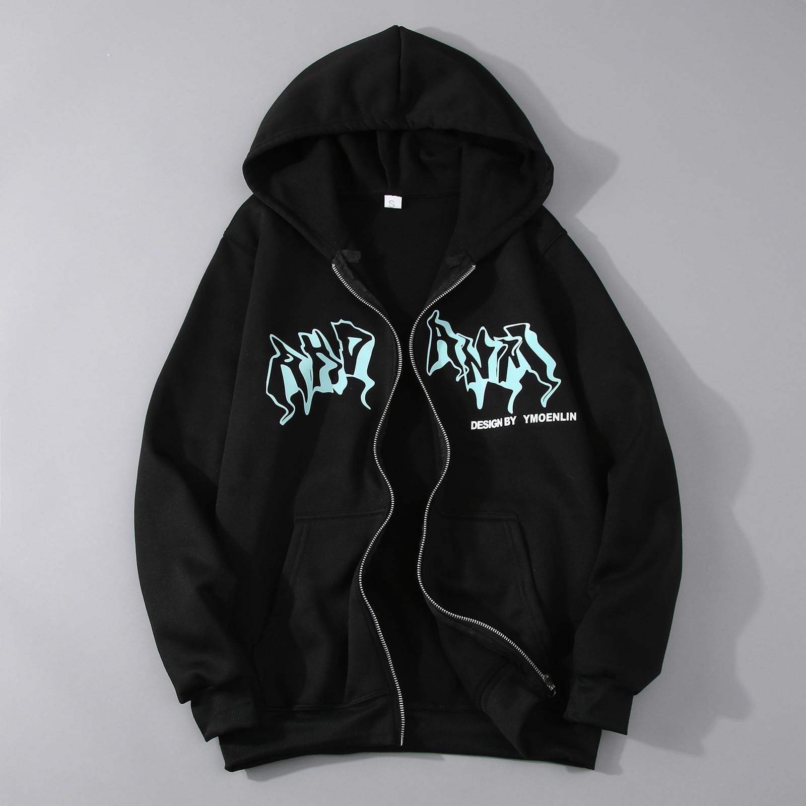 Felpa con cappuccio unisex con cerniera e stampa gotica anni '90, hip hop, street fashion, con coulisse, giacca casual per le mezze stagioni, stile urbano, taglia unica