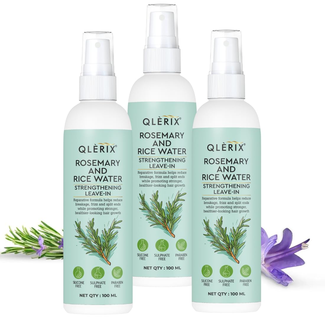 QLERIX Rosemary and Rice Water Spray for Hair Growth, Hairfall Control, Hair Thickness, Hair Strengthening & Hair Shine Leave-in Spray, Natural Ingredients, 100ml, For Men & Women All Hair Types (PAck of 3, Rosemary)