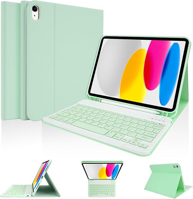 LAMA Keyboard Case for iPad 10th Generation 10.9 inch 2022 (A2696/A2757/A2777), Slim Protective Cover with Detachable Wireless Bluetooth Keyboard Case&Pencil Holder for iPad 10th Gen, Green