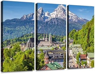 Historic Town of Berchtesgaden with Watzmann Mountain, Bavaria, Germany 3 Pieces Print On Canvas Wall Artwork Modern Photography Home Decor Unique Pattern Stretched and Framed 3 Piece