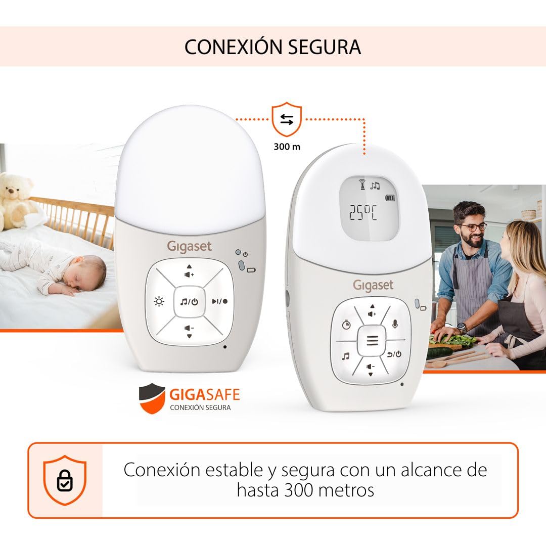 Gigaset Baby 100 Audio Vigilabebés, DECT, Alcance 300 m, Warm Grey | Comunicación bidireccional, temporizador alimentación, luz nocturna, [Versión Española]