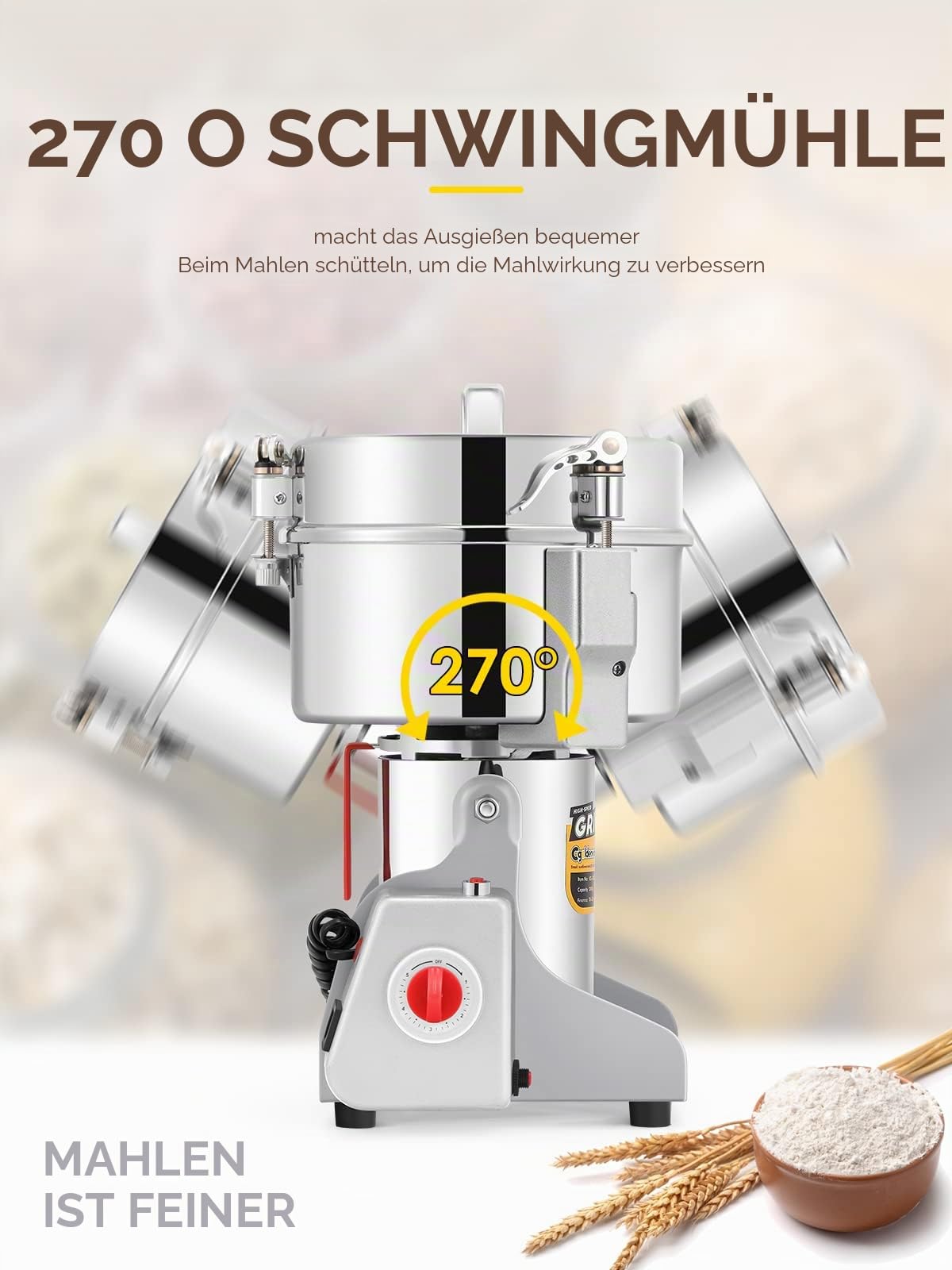 CGOLDENWALL 2000g Superfein Getreidemühle Elektrische Edelstahl Gewürzmühle Open-Cover-Stop für Trocken Getreide/Kräuter/Kaffee Samen 3000W 32000 U/Min Handelsmotor, mit Überlastschutz