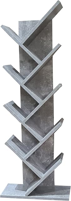 KOSY KOALA Tree Bookshelf, 8 Tier Floor Standing stone grey Bookcase with Wooden Shelves,Magazine Rack Display Unit for Living Room, Home Office, (Grey)