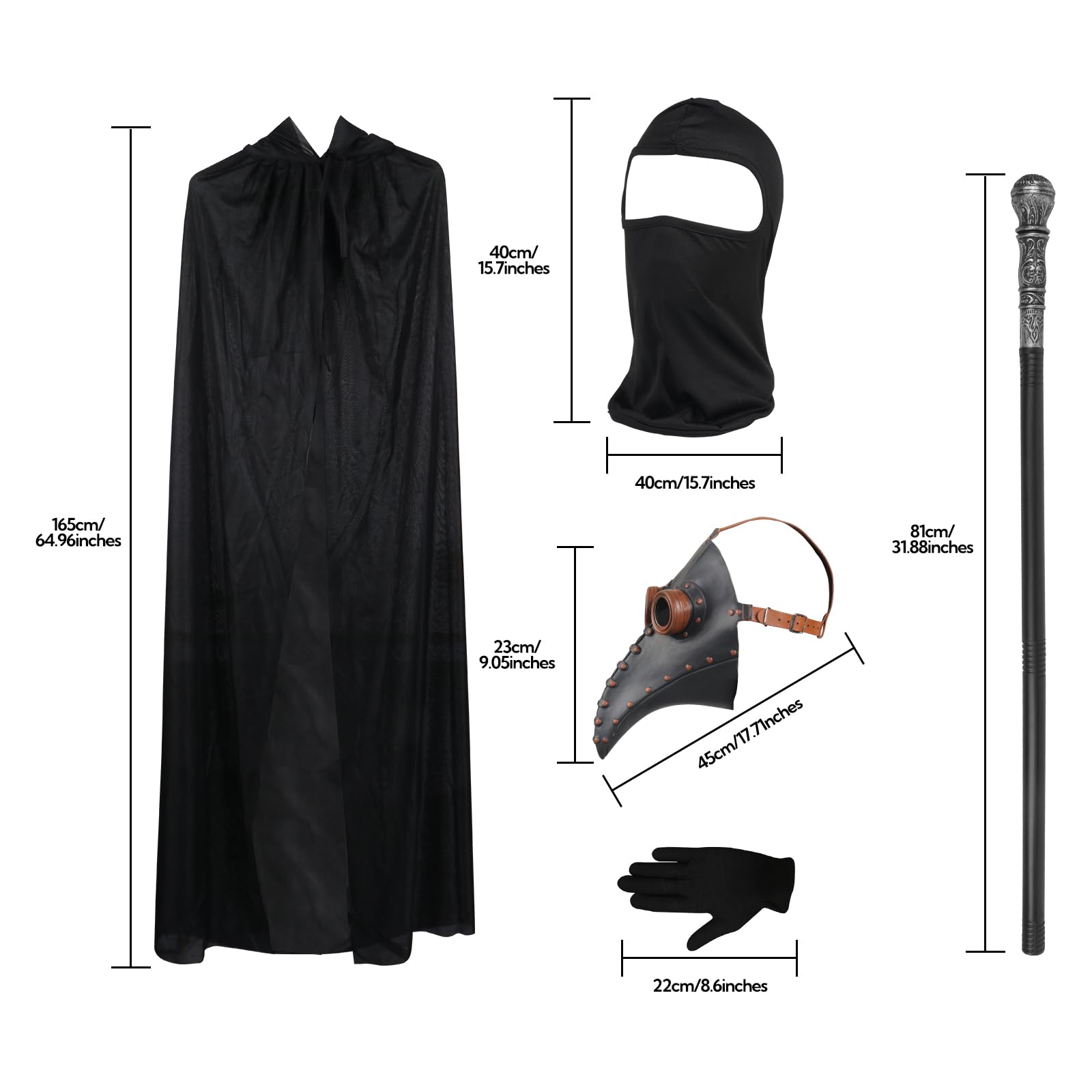 Lifreer Halloween Cosplay Costume Set, Plague Doctor Mask with Long Nose Beak, Black Gloves, Hooded Cloak, Full Face Mask - Image 2