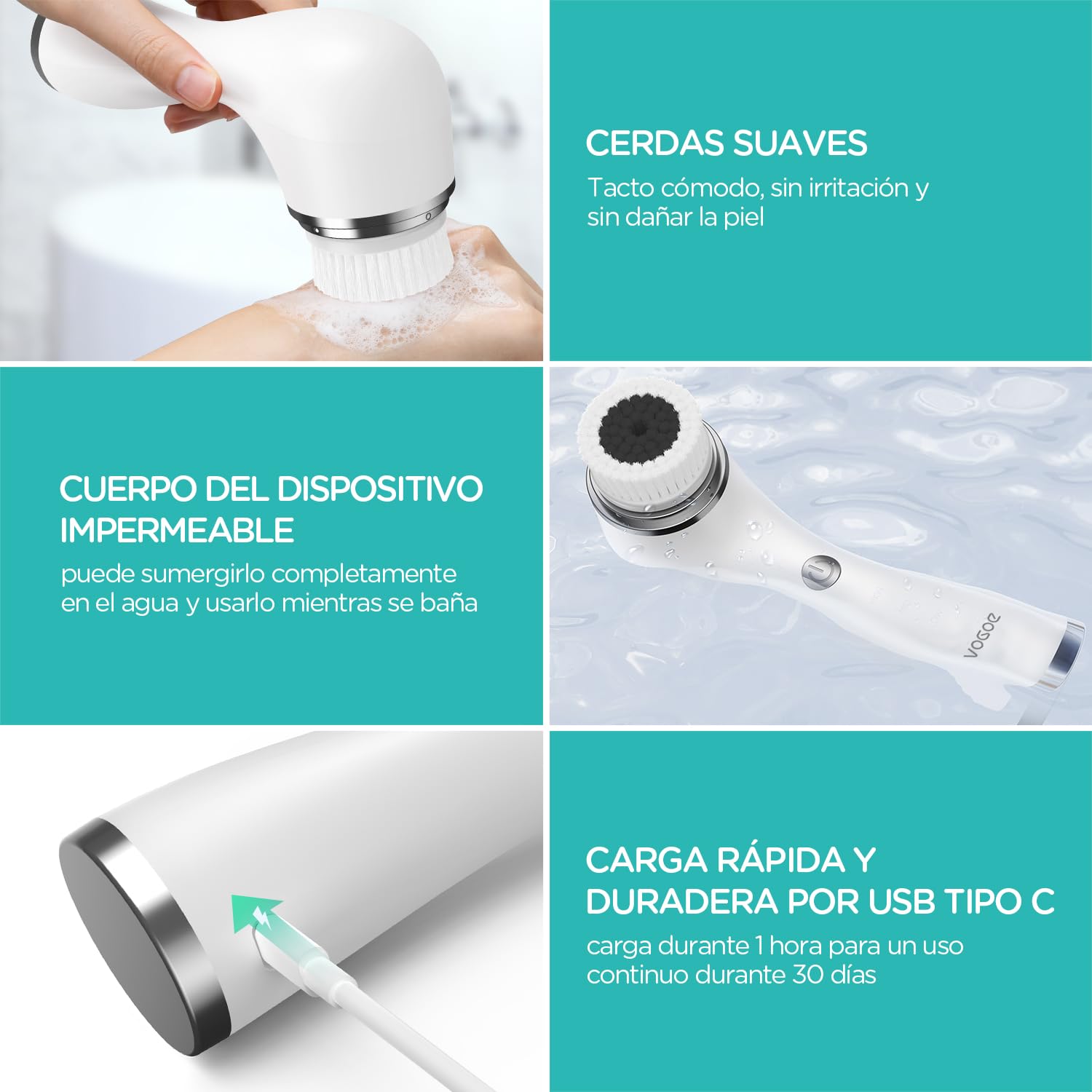 VOGOE Cepillo Limpiador Recargable, Exfoliante Giratorio IPX7, 3 Velocidades y 5 Cepillos Eléctricos para Cara y Cuerpo Limpieza Exfoliación y Masaje, Blanco