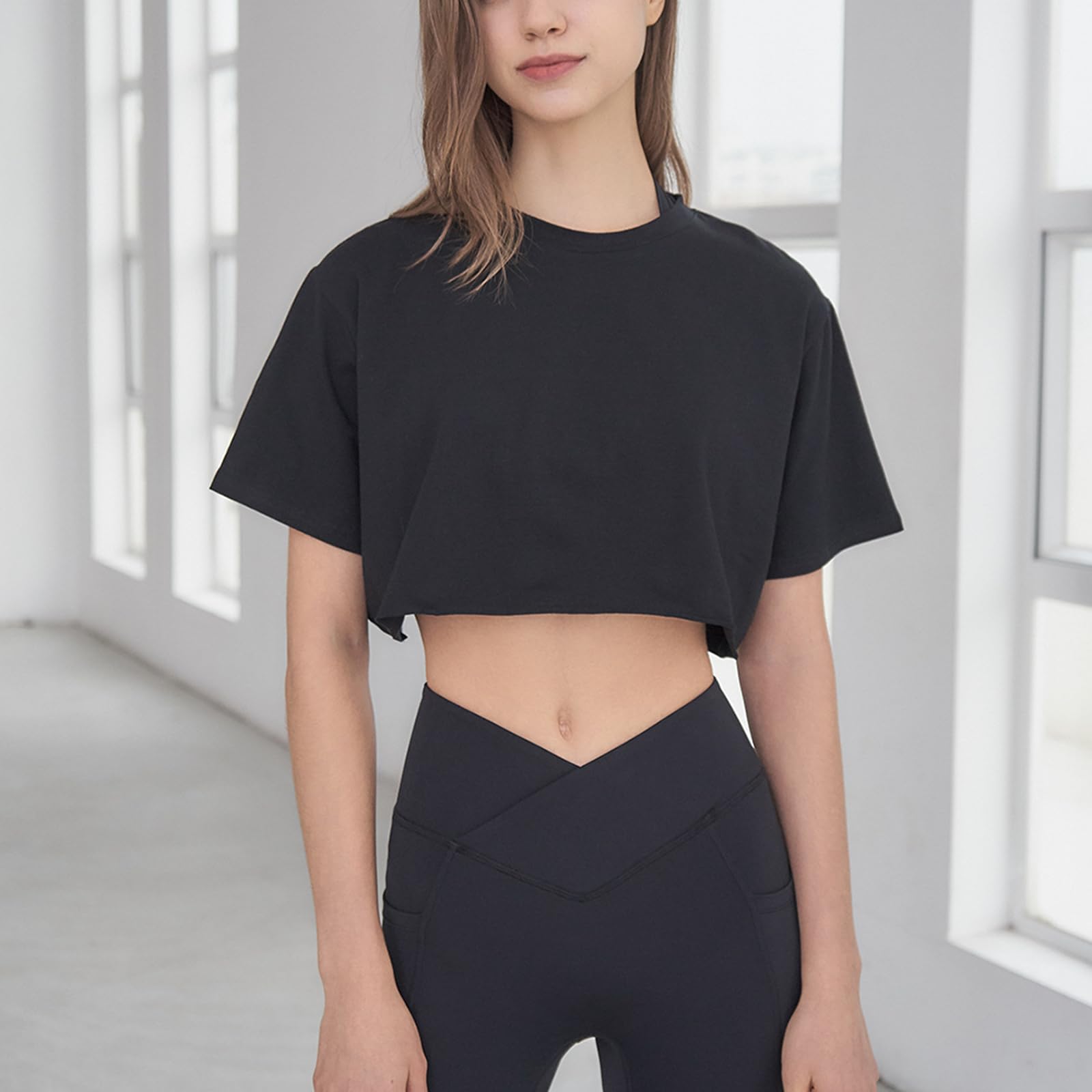 Damskie Sportowe Topy Slim Fit PrzycięTe Topy Do Jogi T Shirt Cover Ups,Black,M