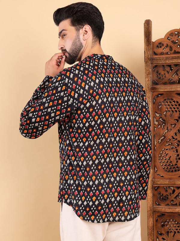 Image of Vaamsi Ethnic Bay Men's Cotton Solid Printed Short Regular Kurta(MSKU1002BLK)