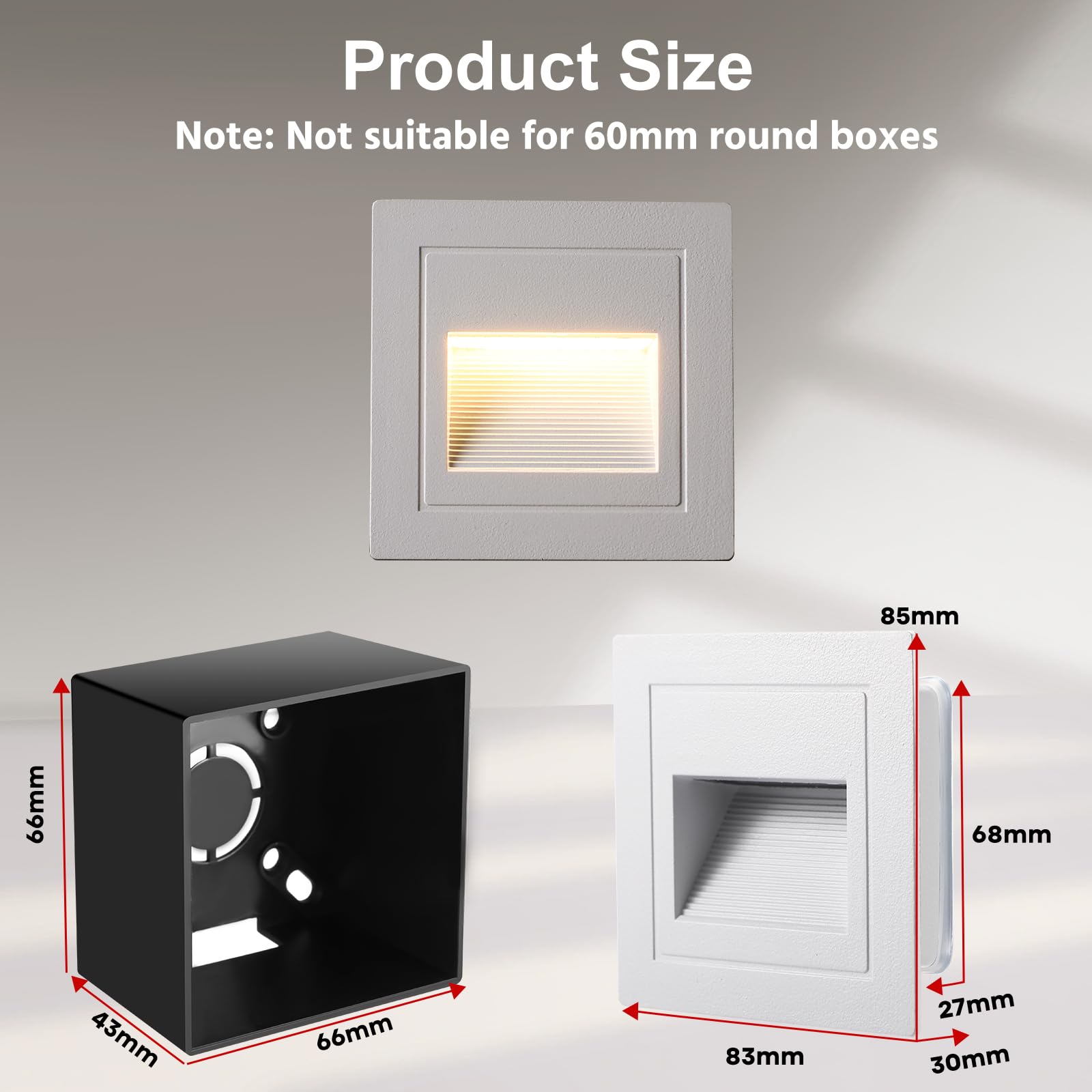 VivaLet 6 Stück LED Treppenbeleuchtung 3W 300LM, Treppenlicht Innen 230V 3000K, IP65 Treppenstufenbeleuchtung Außen Aluminium, Unterputzdose 68mm, 85 x 85mm, Stufenbeleuchtung Treppe Weiß