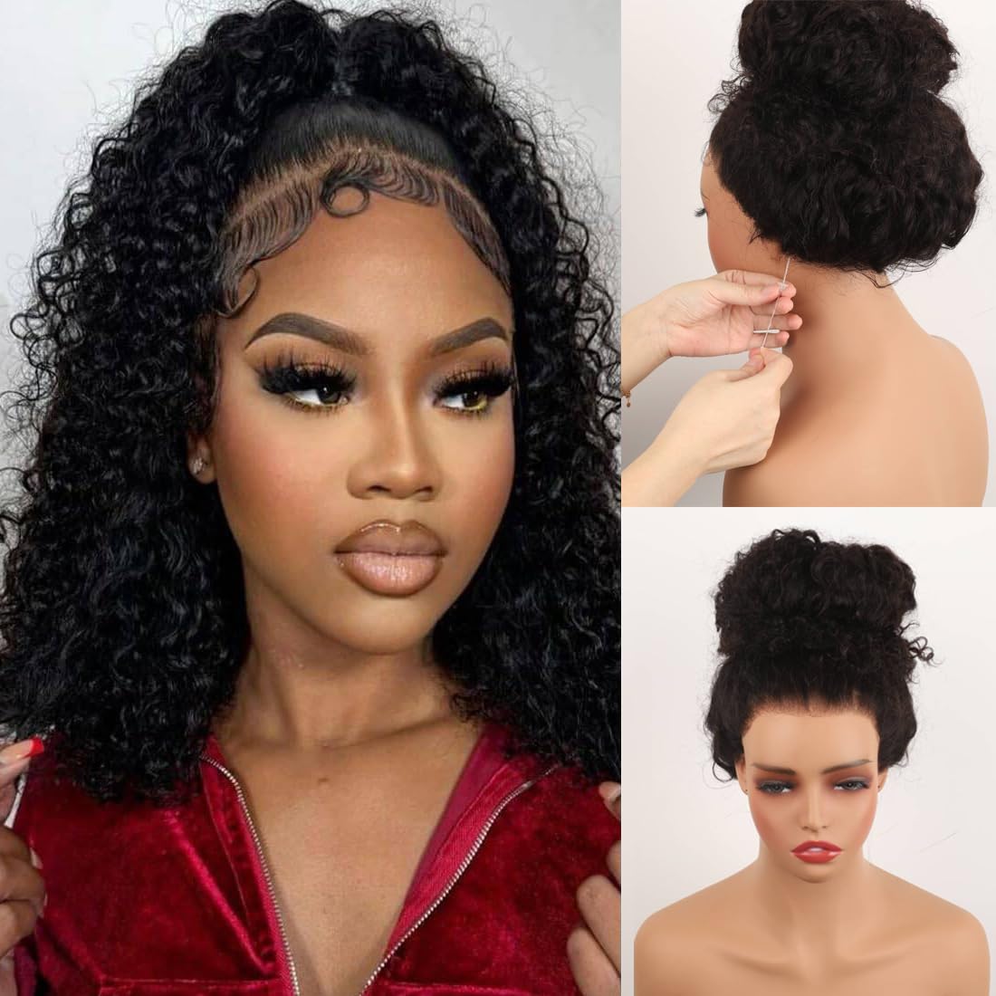 Ebarly Hidden Strap 360 Water Wave Drawstring Wig Human Hair 220 Density Natural Color 18 Inch