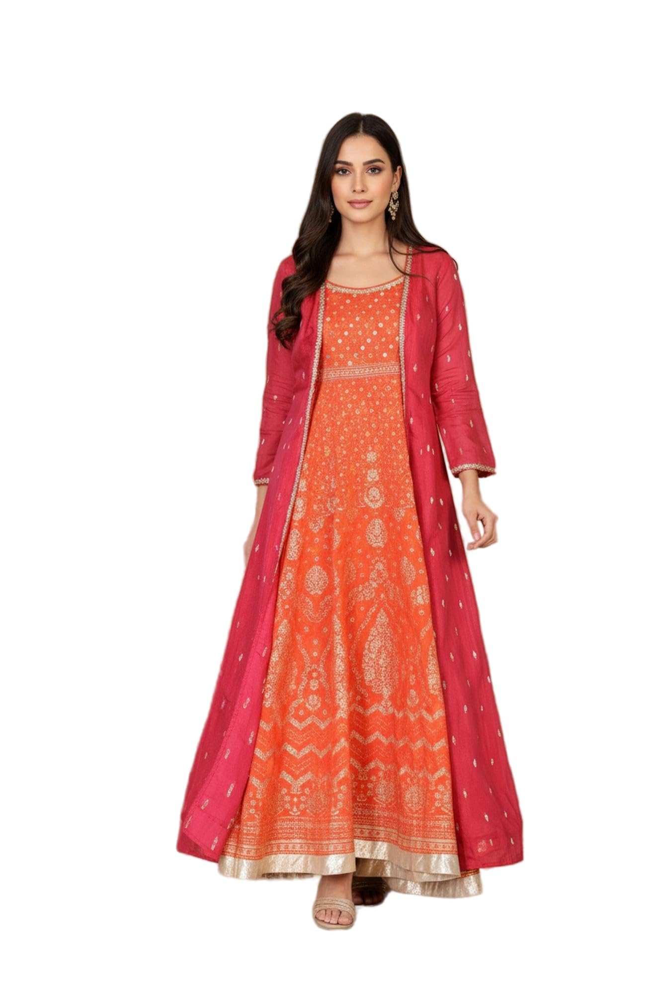 Aurelia Women's Ethnic Motifs Gold Print Anarkali Woven Kurta with Jacket Set in gold