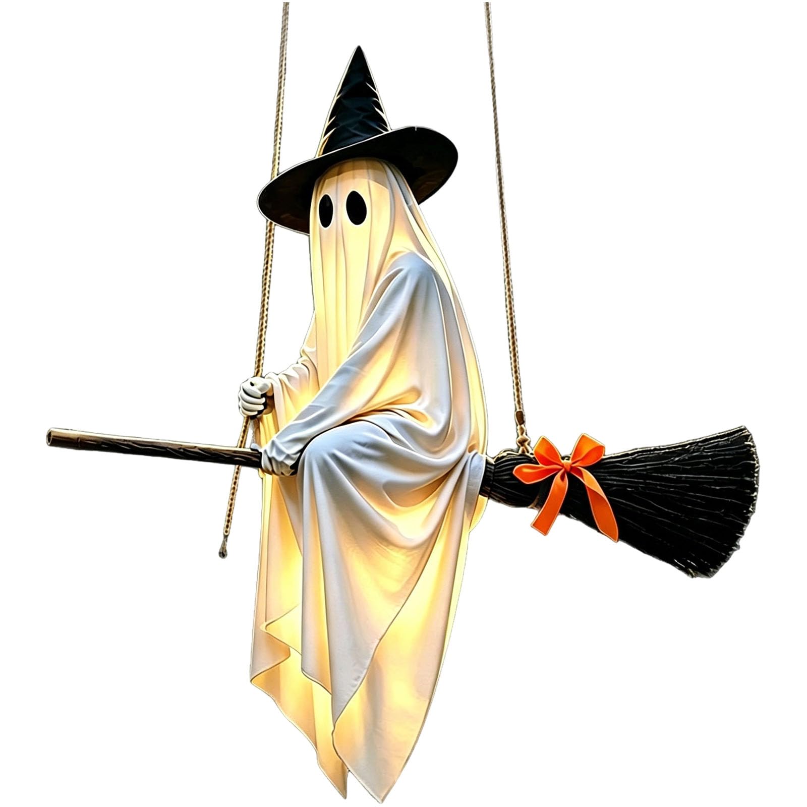 Porch Halloween White Drape Broom Decoration, Witch Hat Accent for Tree Branch, Yard Entryway or Indoor Party Display Halloween Broom Decoration White Drape Decor Witch Hat Accent Porch Display Tree