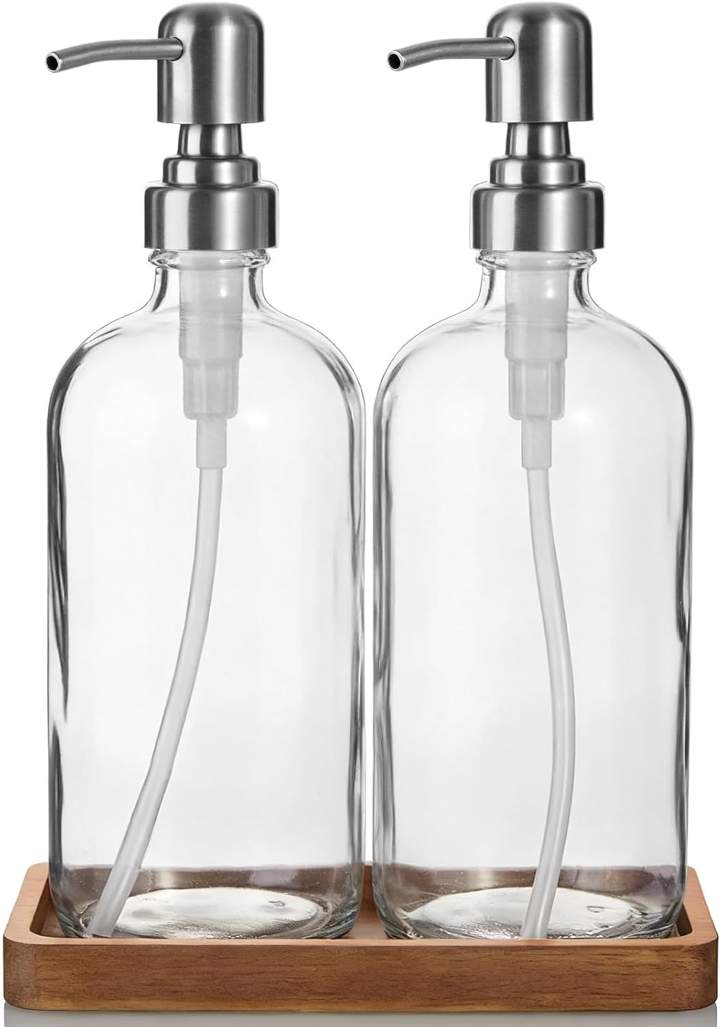 Clear Glass Soap Dispenser Set with Acacia Wood Tray, Refillable Hand Soap Pump Bottle for Kitchen, Bathroom Countertop, Modern Farmhouse Soap Dispenser Set