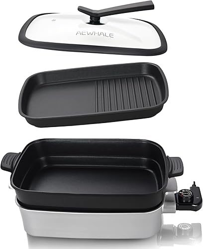 AEWHALE Sartén eléctrica, parrilla eléctrica antiadherente para interiores con placa extraíble, parrilla de fiesta de temperatura ajustable de 1400